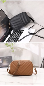 Detailed view of quilted V-pattern camera bags in black and brown faux leather