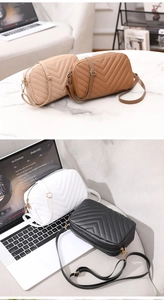Detail of V-quilted crossbody bags in four colors with elegant golden zippers