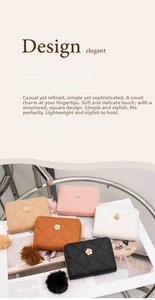 Close-up of quilted PU leather wallets with camellia metal decoration and pompom charm
