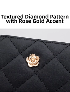 Close-up of black quilted leather texture with rose gold camellia hardware detail