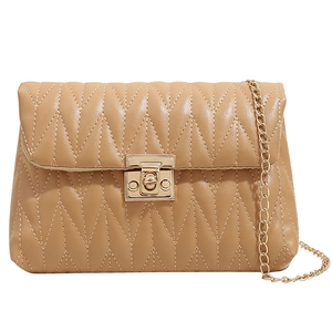 Fashionable camel chain crossbody bag with wave quilted pattern and gold metal lock