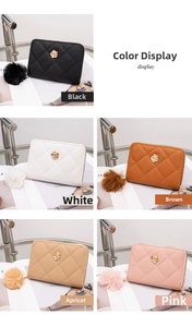 Short quilted wallet with flower metal hardware and fluffy pom pom in five colors