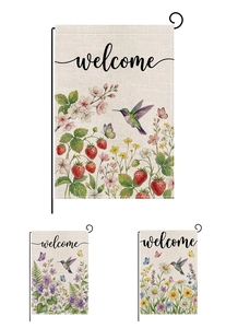 Three-pack garden flag set with burlap texture and vibrant hummingbird floral designs