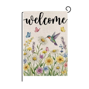 Welcome garden flag featuring linen texture with hummingbird and floral pattern