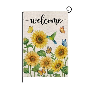 Outdoor Easter garden flag with sunflower, butterfly, and hummingbird welcome design