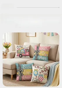 Easter pillow covers with truck, bunny, and eggs on a sofa in a home setting