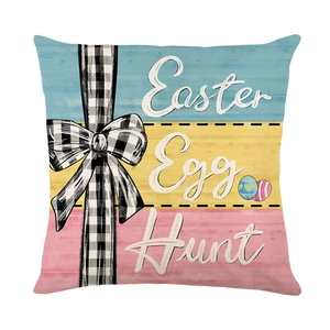 Easter Egg Hunt decorative linen pillowcase with bunny bow and colorful egg patterns