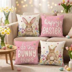 Osterhase Blumenkranz Deko Kissenbezug Leinenoptik Polyester Quadratisch Kissenhülle Für Sofa Wohnzimmer Heimdeko