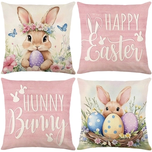 Lot de quatre housses de coussin de Pâques avec motifs lapins et œufs en lin