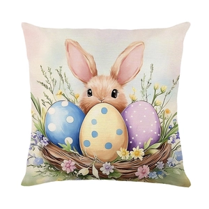Housse de coussin décorative en lin avec imprimé aquarelle lapin de Pâques et œufs