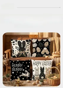Set of four Easter pillow covers with bunny and egg patterns on a wooden sofa