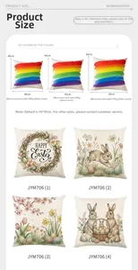 Size guide for Easter bunny cushion covers showing 40x40, 45x45, and 50x50cm dimensions