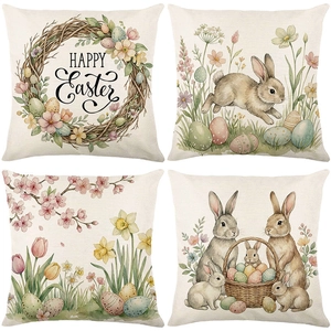 Set of 4 Easter bunny and floral wreath decorative throw pillow covers in watercolor style