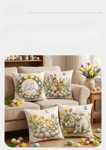Set of 4 Easter pillow covers featuring rabbit, lamb, and egg prints for home decor