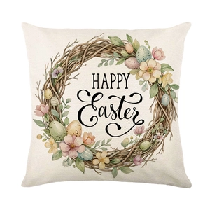 Happy Easter linen pillow case featuring bunny flower wreath on a beige background