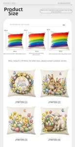 Detailed size chart for Easter cushion covers showing 40cm, 45cm and 50cm specifications