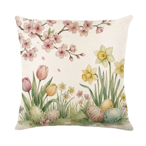 Easter bunny cushion cover with floral watercolor eggs and spring flowers pattern