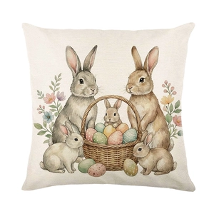 Easter bunny and colorful eggs wreath printed on linen cushion for holiday home decoration