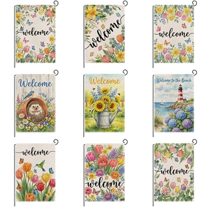 Drapeau De Jardin Welcome Imitation Lin Double Face Bannière Extérieure Fleurs Hérisson Décor Saisonnier Maison