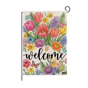 Drapeau de jardin de Pâques en lin avec fleurs colorées et texte welcome sur support