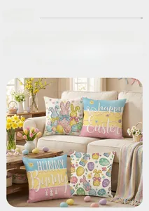 Detail of Easter pillow covers featuring bunny and egg prints on a beige sofa