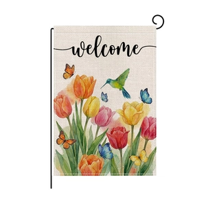 Drapeau de jardin de Pâques avec tulipes colorées et colibri sur support métal