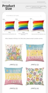 Size guide for Easter pillow covers showing 40cm, 45cm, and 50cm dimensions with inserts