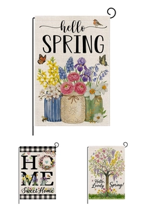 Set di tre bandiere da giardino in lino con fiori primaverili e disegni di uccelli