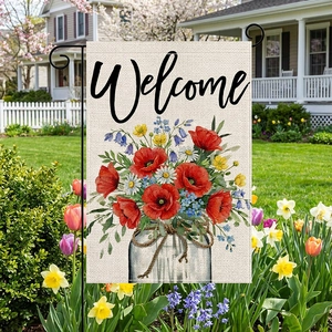Doppelseitige Gartenfahne Welcome mit Blumen-Aquarell und Leinentextur für den Außenbereich