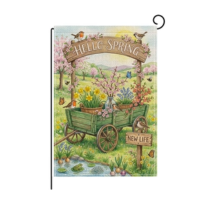 Oster-Gartenfahne mit Frühlingskarren und Blumen an schwarzem Metallständer