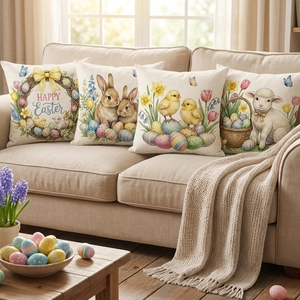 Set of 4 Easter throw pillow covers with rabbit and Happy Easter floral wreath print
