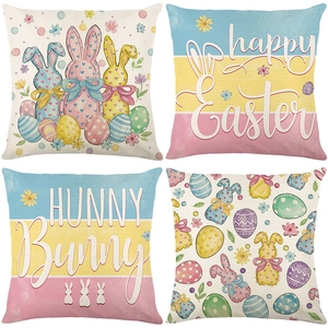 Set of 4 Easter decorative pillow covers featuring bunnies and eggs on linen fabric