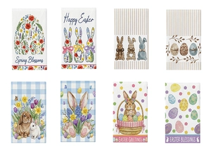 Vue détaillée de huit essuie-mains de Pâques en microfibre avec motifs lapins et fleurs