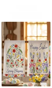 Détail de torchons de Pâques en microfibre avec motifs de lapins et bordures fleuries