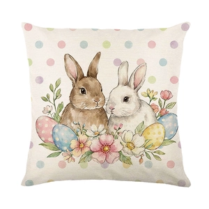 Easter throw pillow cover featuring watercolor bunny, eggs, and floral prints on linen