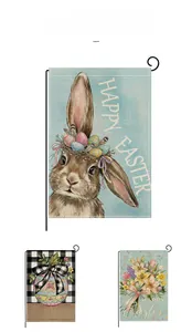 Drei Oster-Gartenflaggen-Designs mit Hasen, bunten Eiern und floralen Mustern