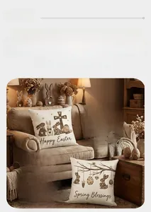 Detailed view of high-quality linen Easter pillowcase texture with bunny and egg prints