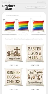 Size guide for Easter linen pillow covers showing 40cm, 45cm and 50cm specs with inserts