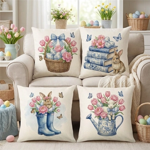 Fundas de Cojín Decorativas con Patrón Floral de Conejo de Pascua Poliéster Aspecto Lino para Sofá de Sala de Estar