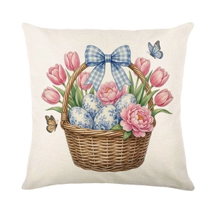 Funda de cojín de lino para Pascua con cesta de flores y huevos decorativos