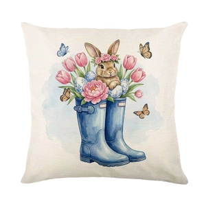 Funda de cojín de Pascua en lino con conejo acuarela y botas con flores