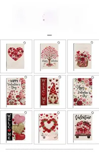 Detailed views of Valentine's garden flags featuring gnomes and red heart roses