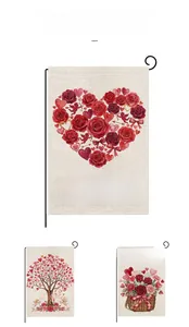 Detail of Valentines Day garden flag with rose heart pattern on linen fabric texture