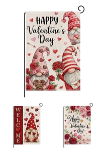 Detailed close-up of double-sided Valentine's Day garden flags with linen texture and gnome design