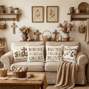 Set of four Easter linen pillow covers with vintage rabbit and egg prints for sofa decor