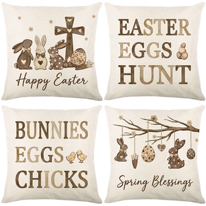 Set of four Easter linen pillow covers with vintage bunnies and eggs prints for sofa