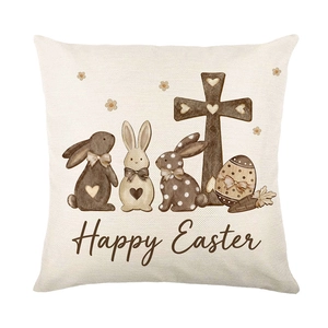 Square linen pillow cover with Happy Easter bunny and cross design for home decor
