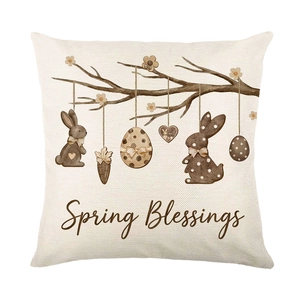 Easter linen pillow cover with Spring Blessings text and watercolor bunny eggs design