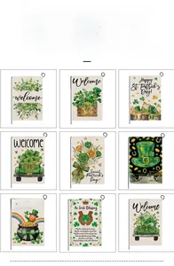 Collection of nine St. Patrick's Day garden flags featuring shamrocks and gnomes designs
