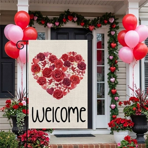 Valentine's Day Garden Flag Double Sided Polyester Faux Linen Rose Heart Gnome Print Outdoor Yard Decor Home Welcome Banner